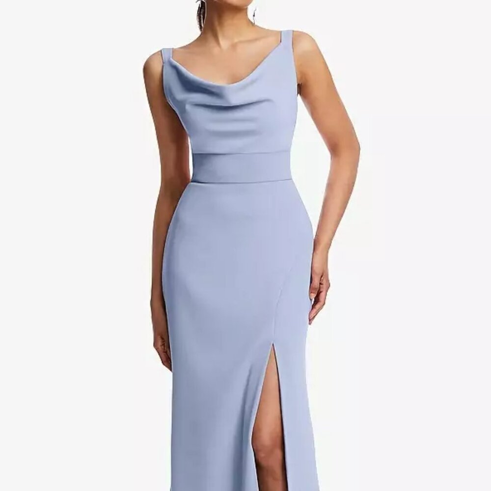 Dessy TH114...Cowl-Neck Wide Strap Crepe Trumpet Gown...Sky Blue...Size 6...NWT